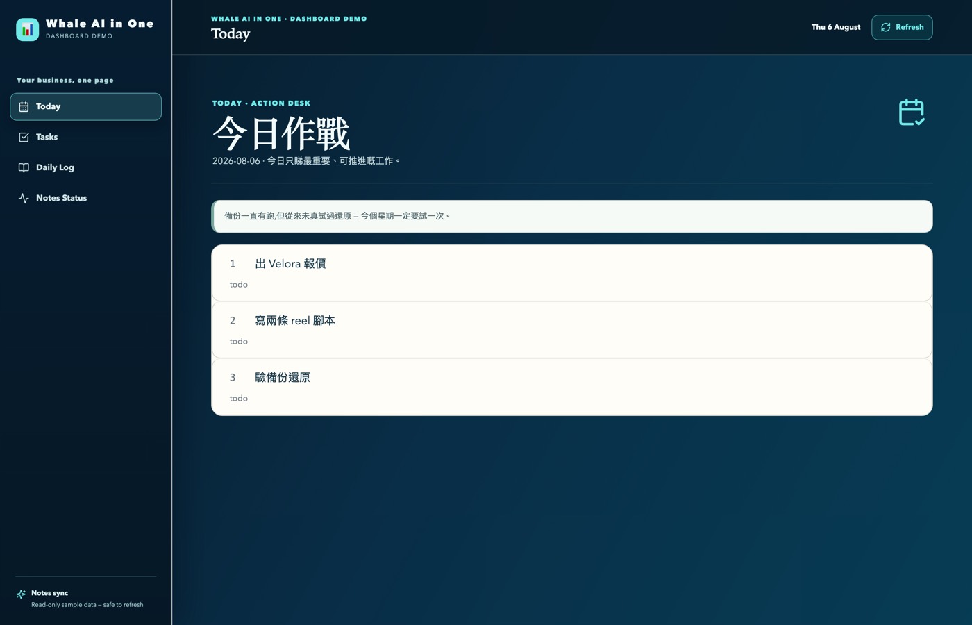 Whale AI in One notes-to-dashboard concept demo — live operations dashboard built from markdown notes