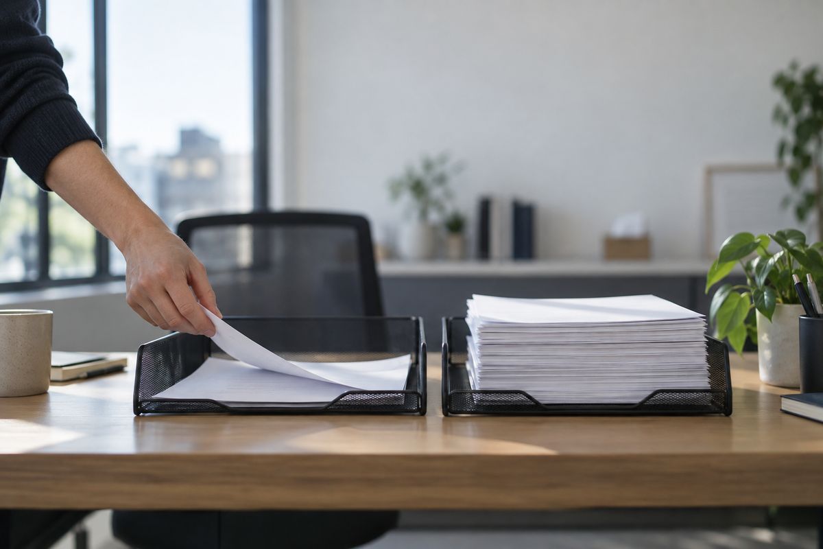 Illustrative photo, generated: two paper trays on a desk, one holding a few sheets and one a tall stack, as a hand lifts a sheet from the small tray.