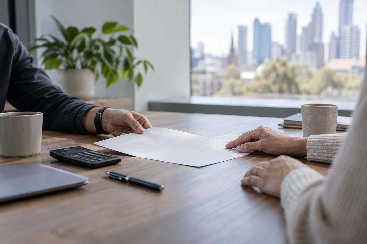 Illustrative photo, generated: two people's hands across a meeting table, one sliding a single page to the other, beside a calculator and a pen. Not a client.