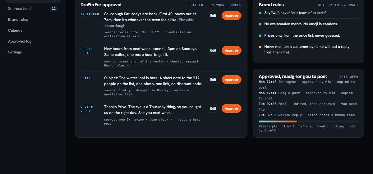 Whale Marketing in One concept screen with sample data: four drafts waiting for approval, the brand rules the AI reads, and the sent log.